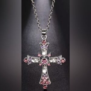 Elegant Silver and Pink Cross Pendant Necklace